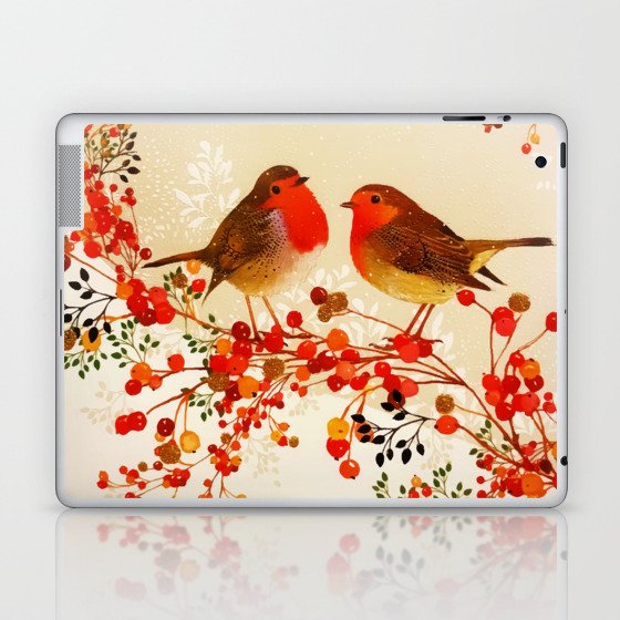 Red Gold Winter Birds Holly Berry Branches Watercolor Laptop & iPad Skin