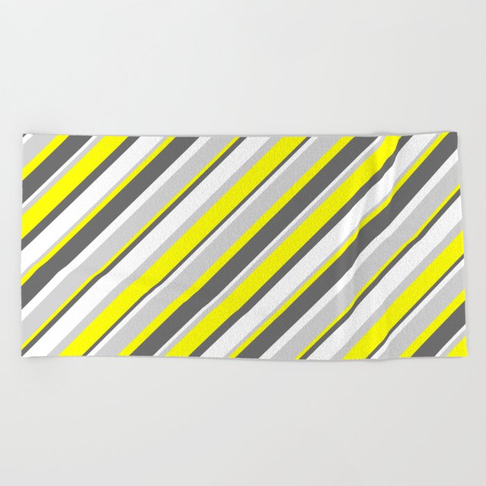 Yellow, Dim Gray, White & Light Grey Colored Stripes Pattern Beach Towel