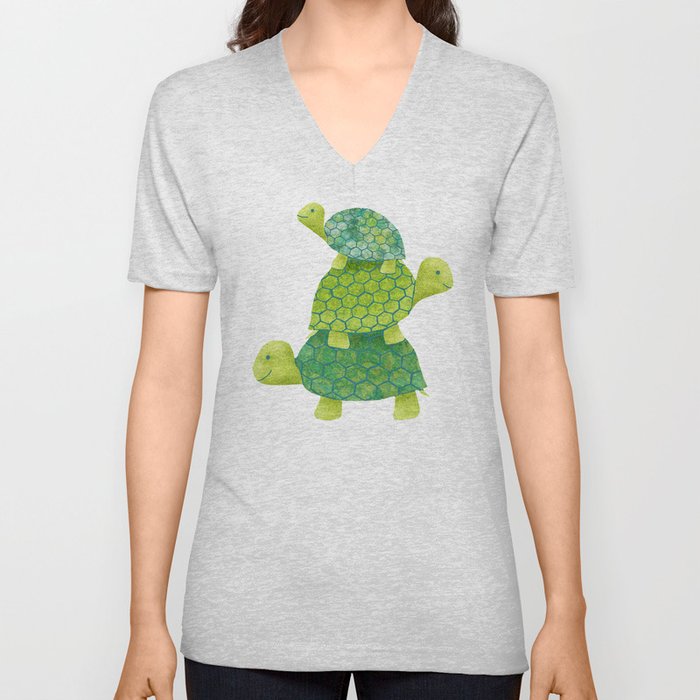 Turtle Stack Family in Teal and Lime Green V Neck T Shirt
