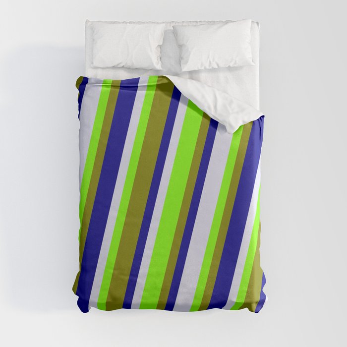 Chartreuse, Green, Dark Blue & Lavender Colored Stripes/Lines Pattern Duvet Cover