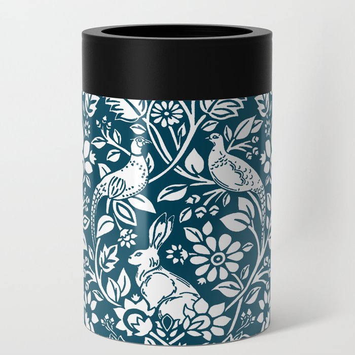Pheasant and Hare Pattern, Indigo Blue and White Can Cooler