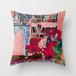 Ginger Cat in Embroidered Red Armchair with Staffordshire Spaniel in Book-Lined Room Interior Painting Throw Pillow