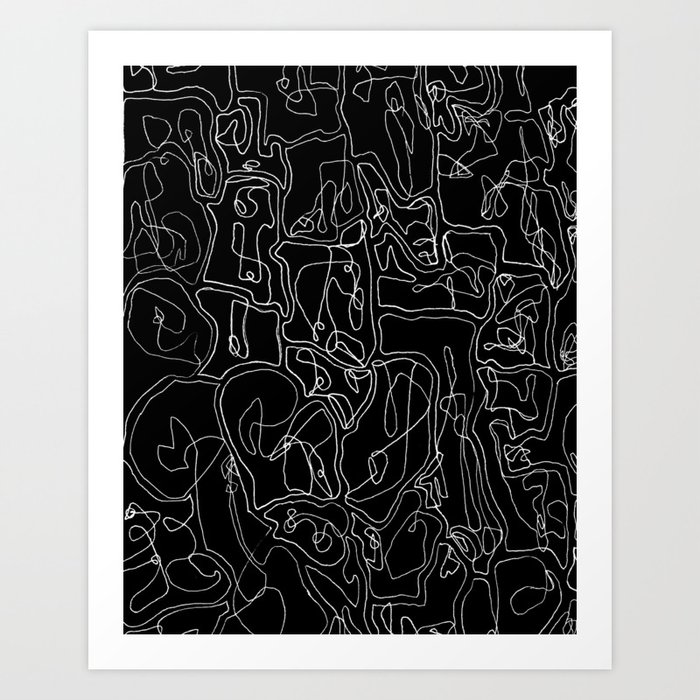 Abstract Contrasting White on Black Contour Line Design Art Print