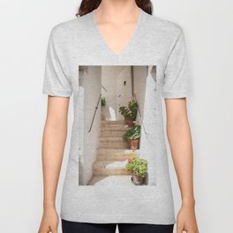 Stairs with pink, white and red flowers | Puglia, Italy | Travel photography V Neck T Shirt