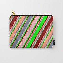 [ Thumbnail: Eye-catching Slate Gray, Pink, Lime, Maroon & Light Salmon Colored Striped Pattern Carry-All Pouch ]