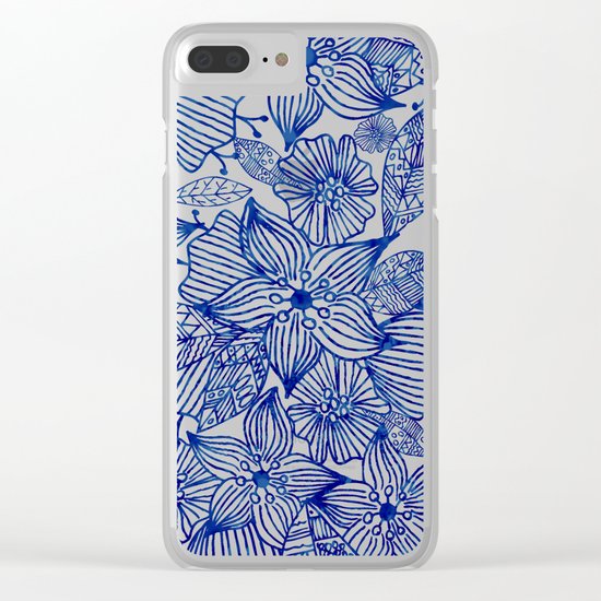 Hand painted royal blue white watercolor floral illustration Clear iPhone Case