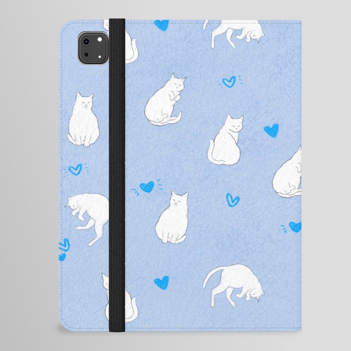 White Cats With Blue Hearts Pattern/Light Blue Background iPad Folio Case