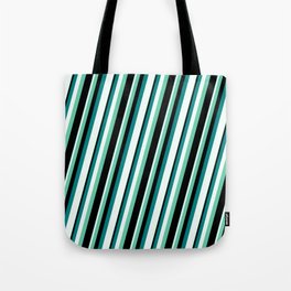 [ Thumbnail: Aquamarine, Black, Teal, and Mint Cream Colored Lined Pattern Tote Bag ]