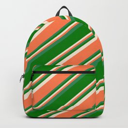 [ Thumbnail: Beige, Coral, Sea Green, and Green Colored Pattern of Stripes Backpack ]