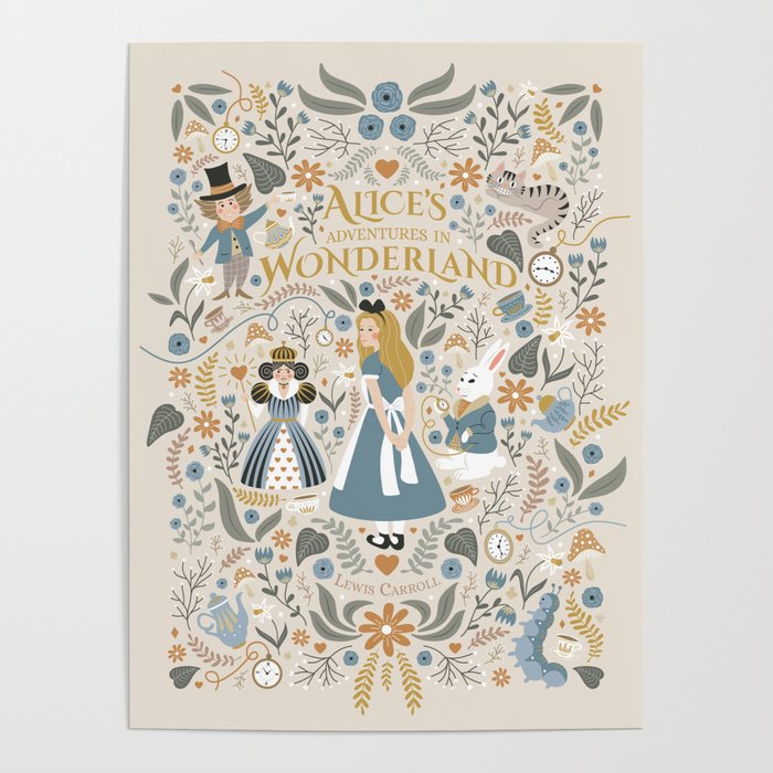 Alice in Wonderland - Beige Poster | Graphic-design, Alice, Alice-in-wonderland, Fairytail, Illustration, Digital, Tea, Pattern, Queen-of-heart, Heart