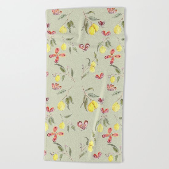 Lemons and Butterflies pattern Beach Towel