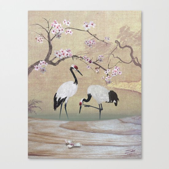 Cranes Under Cherry Tree Canvas Print