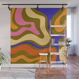 Modern Retro Liquid Swirl Abstract Pattern Square Colorful Olive Green Yellow Blue Pink Orange Wall Mural