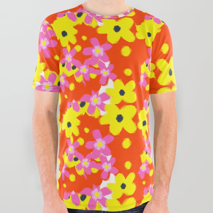 Cheerful Red Yellow and Pink Flowers All Over Graphic Tee