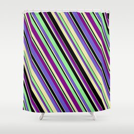 [ Thumbnail: Light Green, Purple, Slate Blue, Pale Goldenrod, and Black Colored Lines/Stripes Pattern Shower Curtain ]