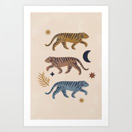 Celestial Tigers with Moon and Stars Art Print