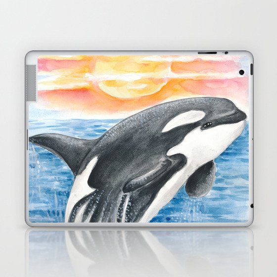 Breaching Orca Killer Whale Sunset Ocean Watercolor Laptop & iPad Skin