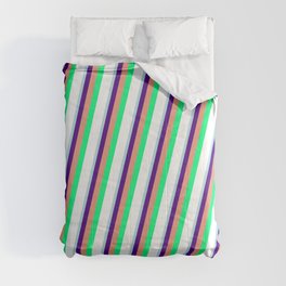 [ Thumbnail: Powder Blue, Indigo, Dark Salmon, Green, and White Colored Pattern of Stripes Comforter ]