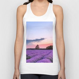 Sunset over fields of purple English lavender landscape color photograph / photography for kitchen, dining room, wall, and home decor Unisex Tank Top