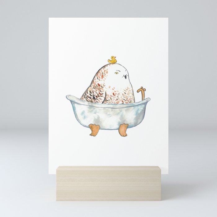 Snowy owl taking bath watercolor painting print Mini Art Print