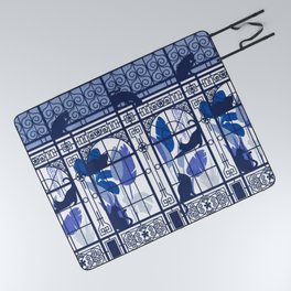Indoor cat garden // white background blue plants oxford navy blue cat silhouettes and cast-iron greenhouse architecture Picnic Blanket