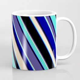 [ Thumbnail: Eye-catching Dark Slate Blue, Bisque, Turquoise, Blue, and Black Colored Lined/Striped Pattern Coffee Mug ]