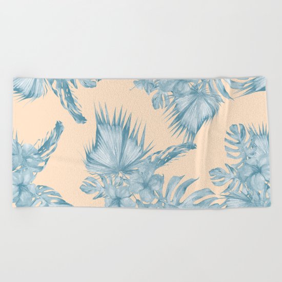 Tropical Flowers and Leaves Blue on Peach Coral Beach Towel