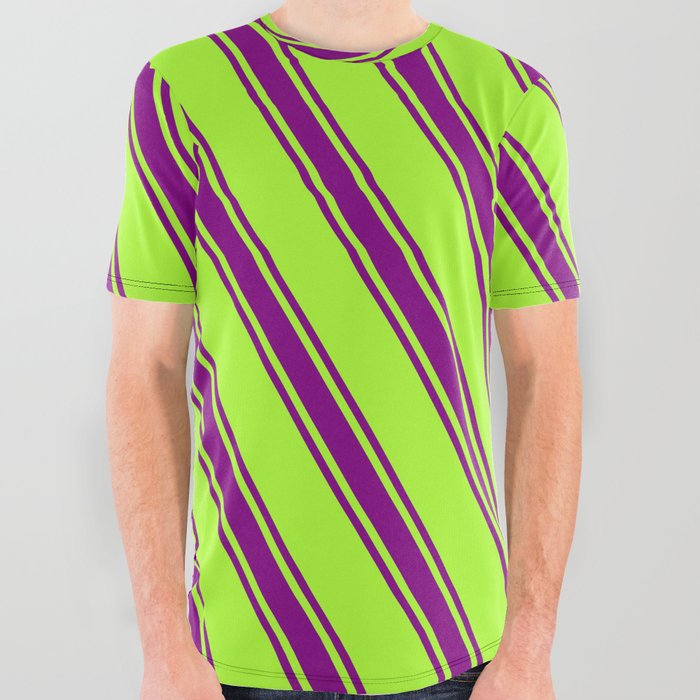 Light Green and Purple Colored Lines/Stripes Pattern All Over Graphic Tee