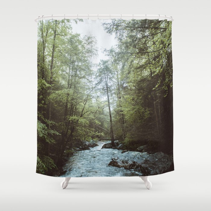 Peaceful Forest, Green Trees and Creek, Relaxing Water Sounds Shower Curtain