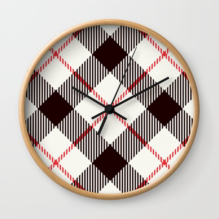 White Tartan with Diagonal Black and Red Stripes Wall Clock