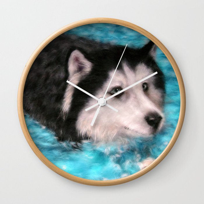 Swimming Husky wool art print Wall Clock