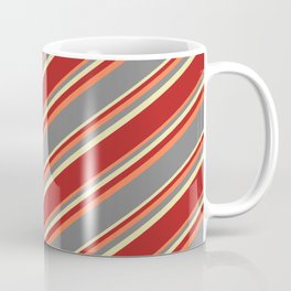 [ Thumbnail: Coral, Grey, Pale Goldenrod, and Red Colored Striped Pattern Coffee Mug ]