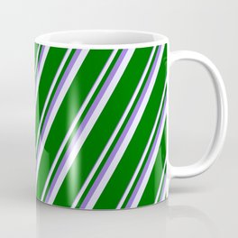 [ Thumbnail: Purple, Lavender & Dark Green Colored Pattern of Stripes Coffee Mug ]