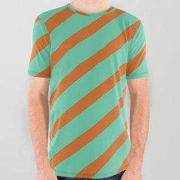 [ Thumbnail: Aquamarine & Chocolate Colored Stripes/Lines Pattern All Over Graphic Tee ]