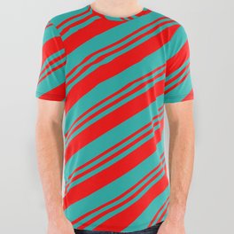 [ Thumbnail: Red and Light Sea Green Colored Stripes/Lines Pattern All Over Graphic Tee ]