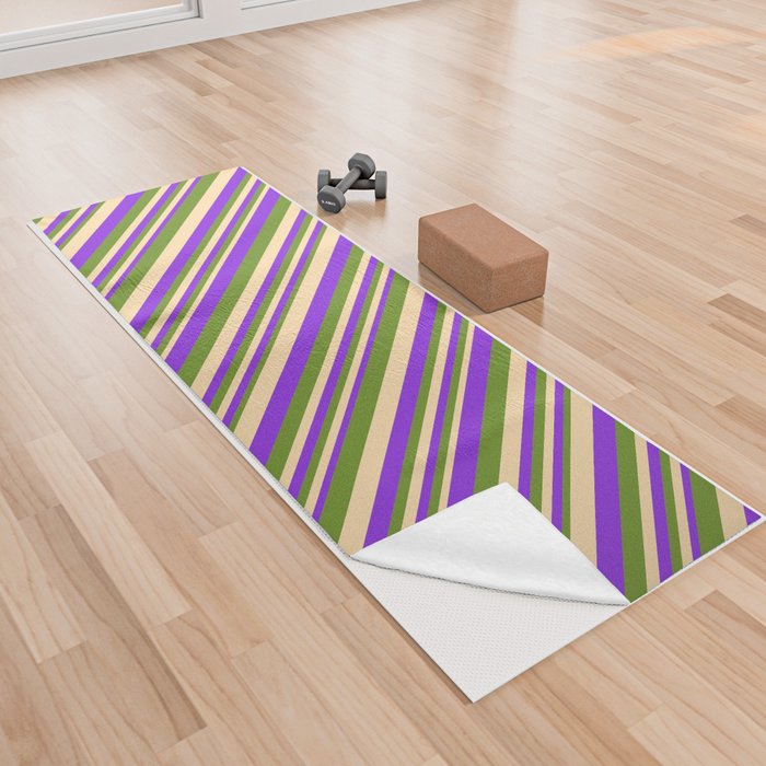 Purple, Tan, and Green Colored Lines Pattern Yoga Towel