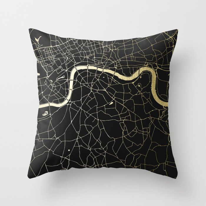 London Black on Gold Street Map Throw Pillow