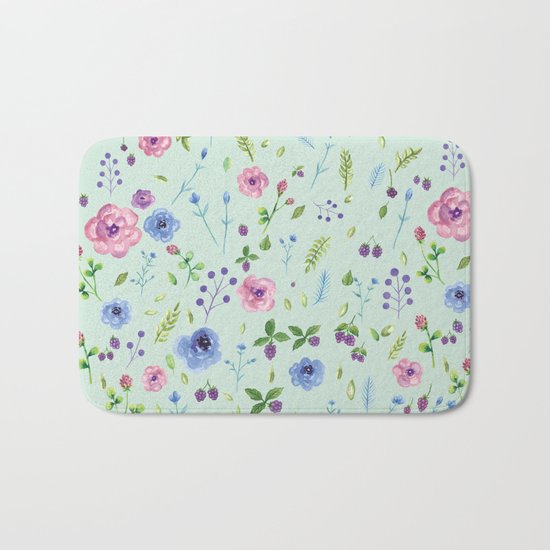 Watercolor flowers on mint Bath Mat