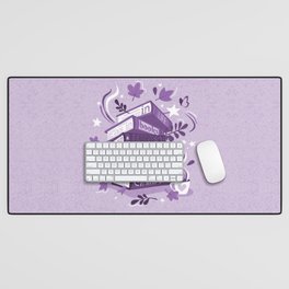 In life as in books dance with fairies, ride a unicorn, swim with mermaids, chase rainbows motivational quote // monochromatic violet pile of books Desk Mat