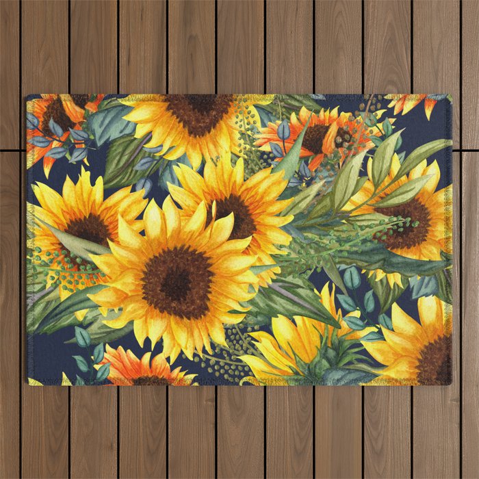 Festive, Sunflower, Yellow and Green on Navy Blue, Floral