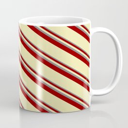 [ Thumbnail: Grey, Dark Red & Pale Goldenrod Colored Striped Pattern Coffee Mug ]