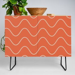 Abstract Wavy Lines Pattern - Medium Vermilion and White Credenza