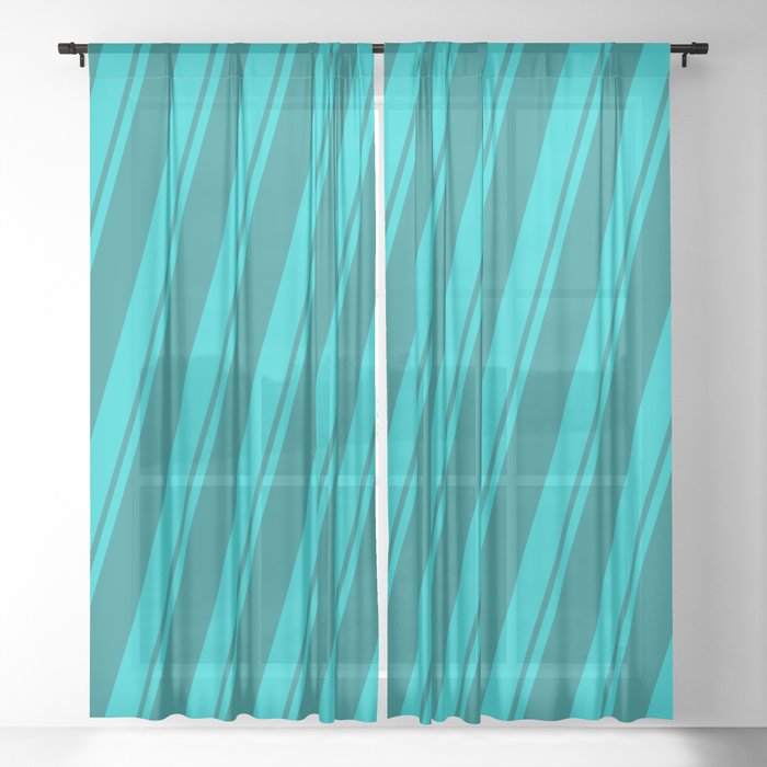 Dark Turquoise & Teal Colored Striped/Lined Pattern Sheer Curtain