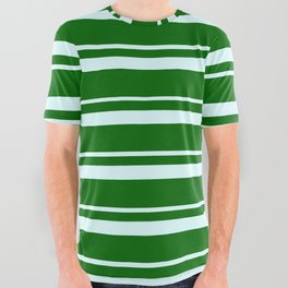 [ Thumbnail: Light Cyan and Dark Green Colored Lined/Striped Pattern All Over Graphic Tee ]