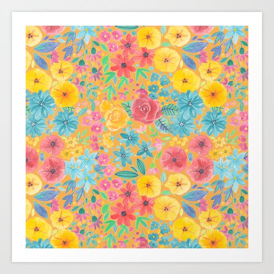 Floral watercolor pattern in yellow Art Print