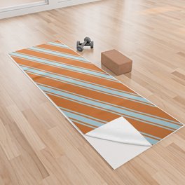 [ Thumbnail: Chocolate and Light Blue Colored Lined Pattern Yoga Towel ]