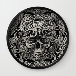 Skull Floral Victorian Flourish Hand Drawn Art Carving Wall Clock