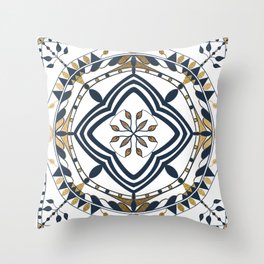 Tile Mandala Blue Gold 1 Throw Pillow