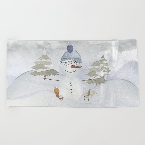 Winter Wonderland- Funny Snowman and friends - Watercolor illustration Beach Towel