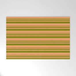 [ Thumbnail: Green & Brown Colored Stripes/Lines Pattern Welcome Mat ]